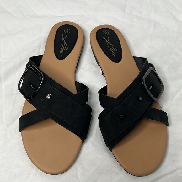 LIA BLACK STRAP FLAT SLIDE SANDALS FTL-04-021 - Picture 2 of 4